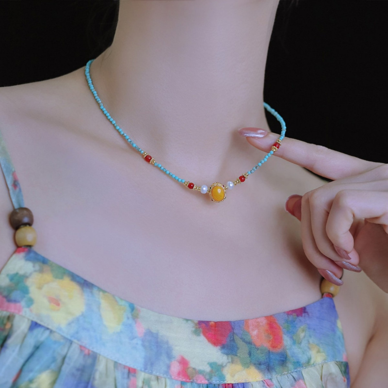 새로운 빈티지 블루 터키석과 밀랍 천연 담수 진주 14 - Pearl Choker Necklace Vintage 리뷰 및 가격